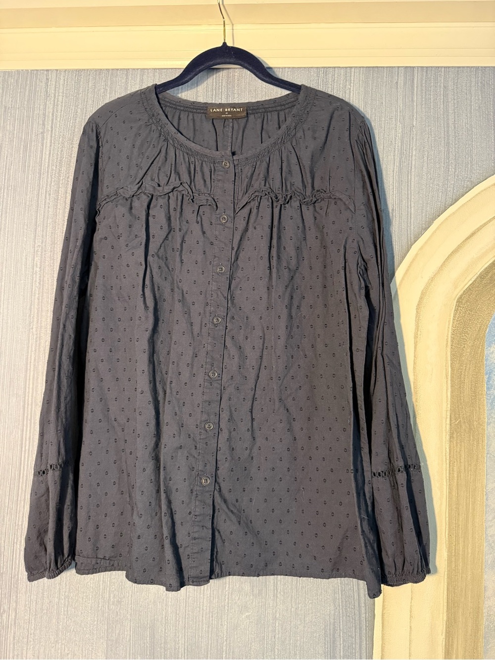 Lane Bryant Eyelet Long Sleeve Blouse in navy blue Size 14 Like New